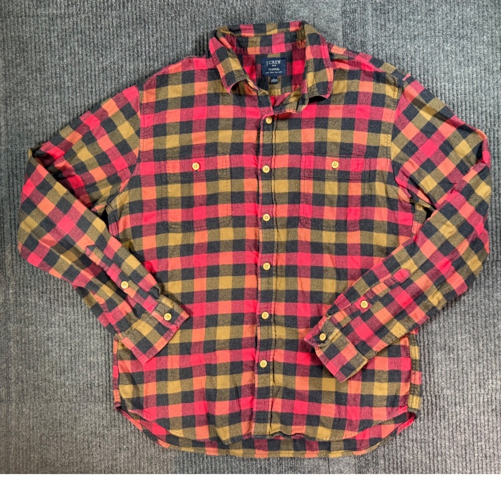 J.Crew Mens Slim Fit Flannel Button Down Shirt Large Red Yellow Plaid  92937